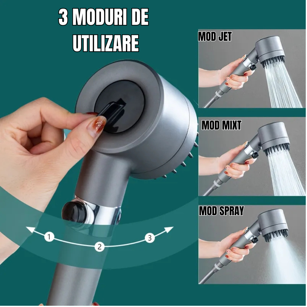 Cap de duș TURBO™ cu 3 moduri de presiune.
