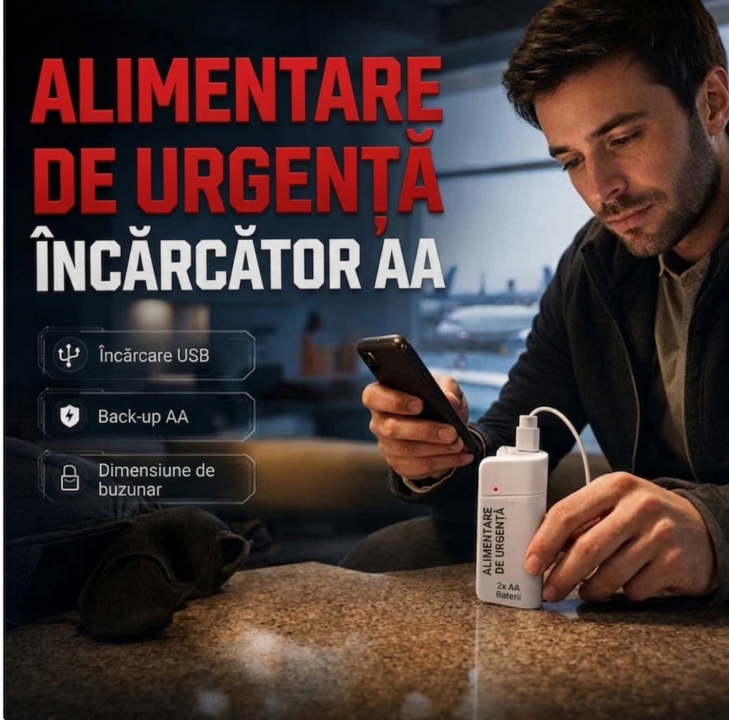 Încărcător Portabil de Urgență pe Baterii AA cu Lanternă LED