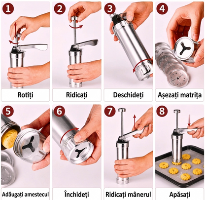 Presă Metalică pentru Fursecuri și Decorat 2 în 1 - 20 de forme+3 duze pentru frișcă și umpluturi