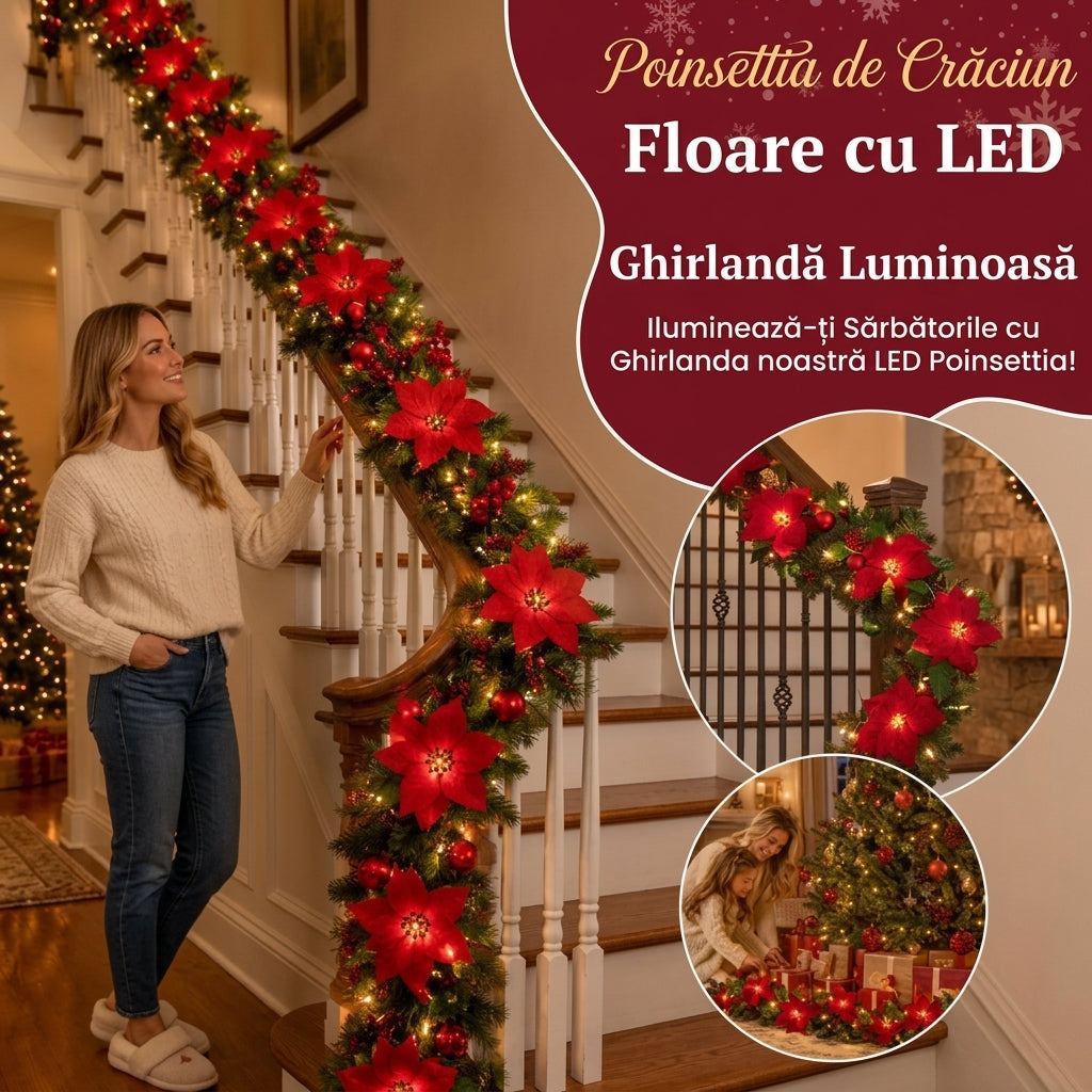 Ghirlandă Luminoasă cu Crăciunițe Roșii (2 Metri)